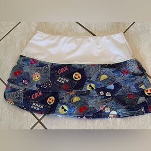 lucky in love - skort large- Girls 14 - denim print with emojis